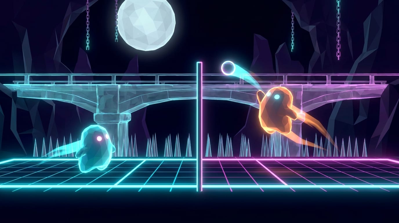 Concept art of the Spike Bridge arena: neon low-poly bridge with two glowing blobs.