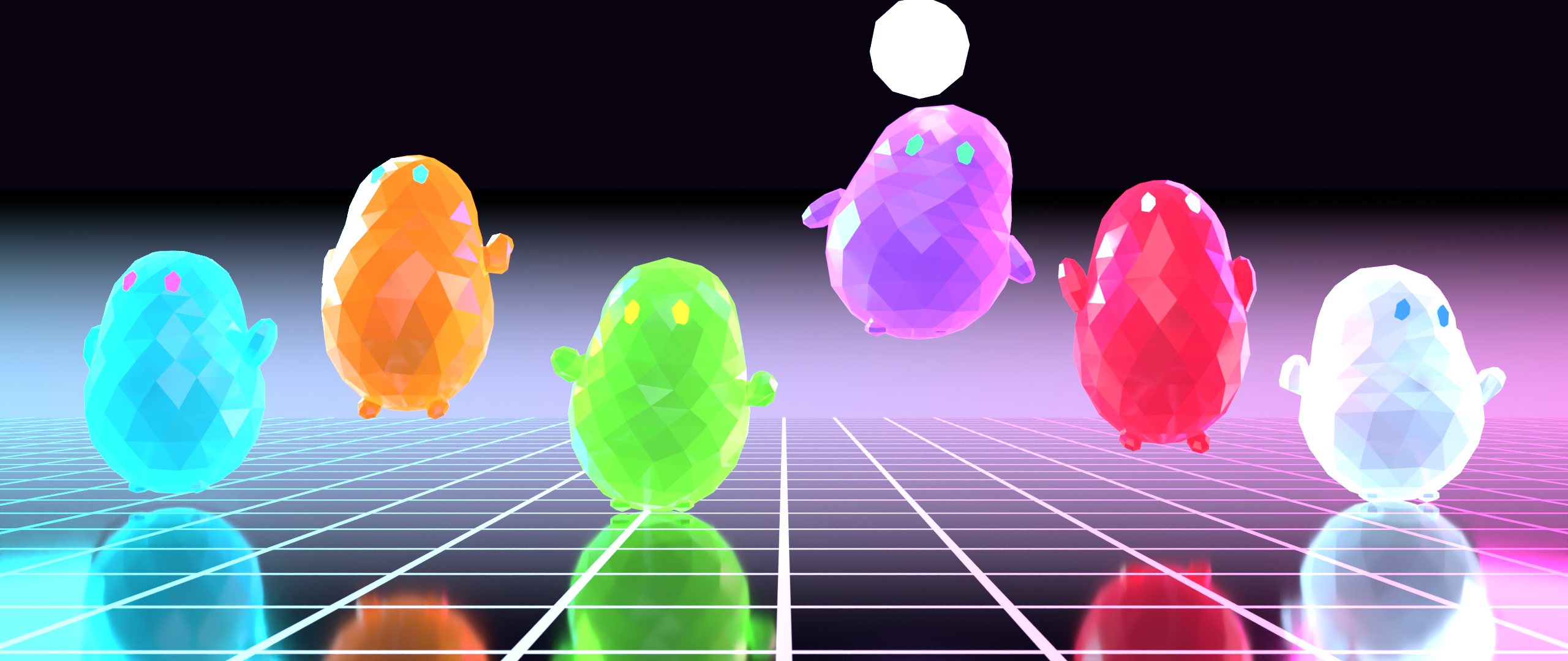 Six blobs in different neon colours standing in a row.